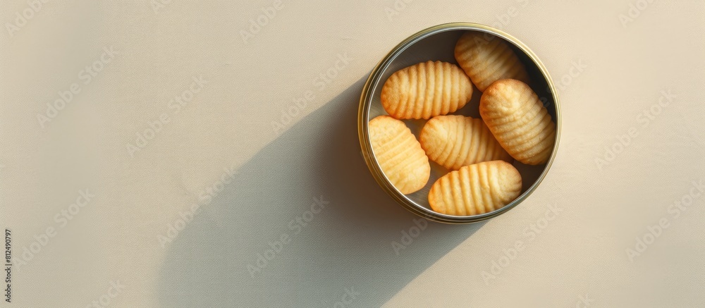 Poster A top down photograph of a tin can filled with Danish butter cookies captured on a light textured backdrop featuring a copy space image
