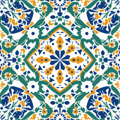 Colorful blue, white and yellow Moroccan tiles form a seamless pattern with traditional geometric shapes and floral motifs in the style of a vector illustration