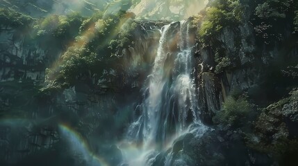 A majestic waterfall cascading down a rocky cliff face in a remote mountain landscape, surrounded by lush green trees and rugged terrain. - Powered by Adobe