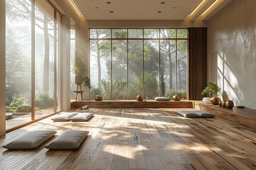 Minimalist home yoga studio with wood floors, large windows, and minimalist decor