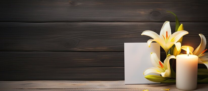 A top down view of a white wooden table with a blank planner illuminated candles a yellow heart and lily flowers creating a copy space image