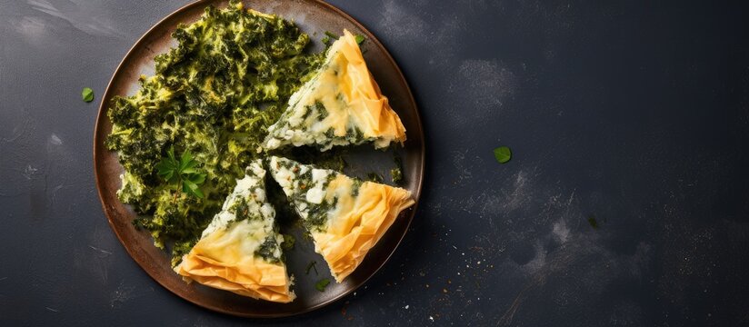 A top down view of a slice of Greek spanakopita a delicious vegetarian or vegan spinach pie made with fillo pastry set against a concrete background This image provides copy space for text or other e