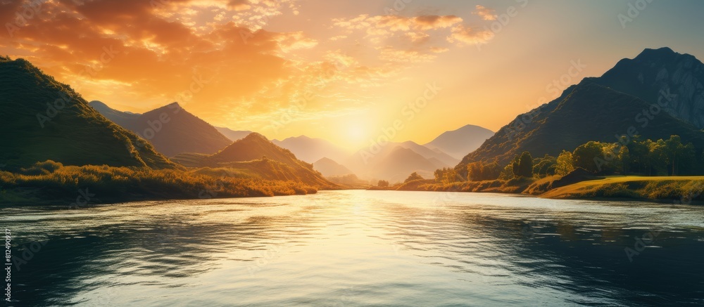 Aufkleber during the golden hour of sunset a picturesque mountain river flows providing a serene backdrop with