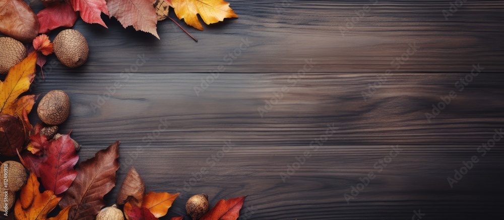 Poster a wood background with dried leaves arranged in a frame captures the essence of autumn the flat lay 