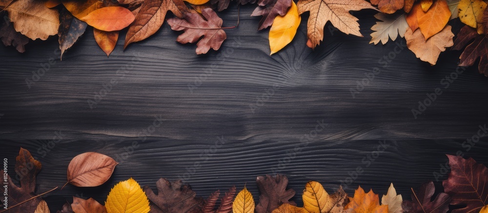 Poster a wood background with dried leaves arranged in a frame captures the essence of autumn the flat lay 