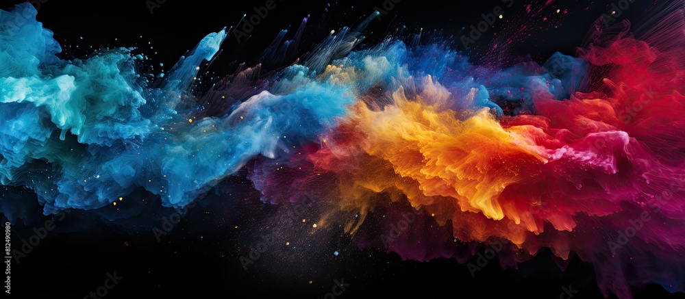 Poster A dynamic artistic display of colorful powder explodes against a black backdrop creating a mesmerizing texture of glitter in this copy space image