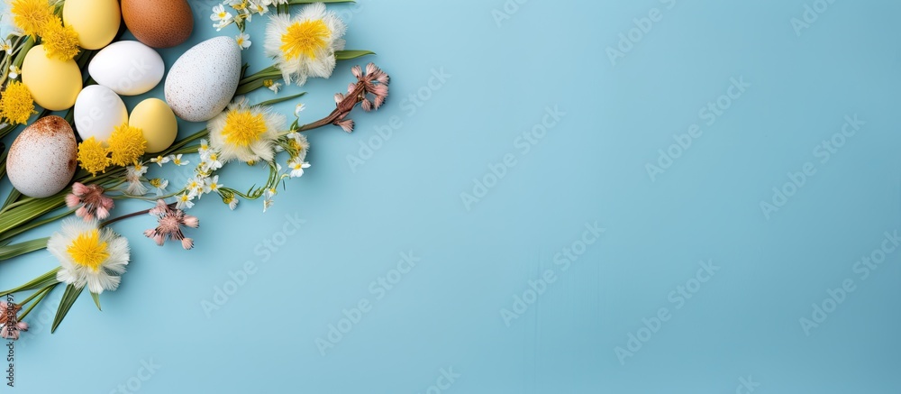 Poster easter themed flat lay with mimosa flowers tulips decorative hens and eggs in small nests on a blue 