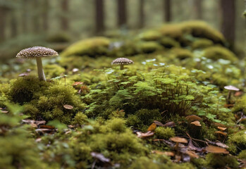 A close-up view of the forest floor, where every detail of the moss, mushrooms, pine needles, and plants can be seen in stunning clarity.