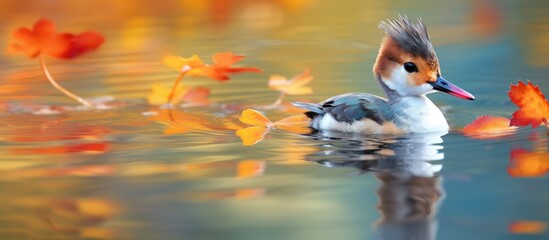 In early Fall a juvenile Pied Bill Grebe gracefully swims into a vibrant area of the lake beautifully reflecting the colorful hues of the season Copy space image 127 characters