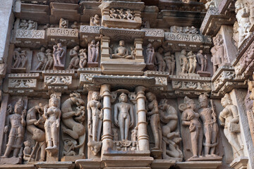 Khajuraho, India: world-famous reliefs. The relief shows the 3 phases of human life: youth, middle...