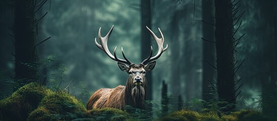 In the forest encounter a close up image of a wild elk in its natural habitat with ample copy space