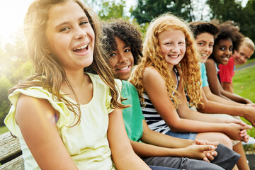 Students, summer and portrait of children in park for outdoor bonding, adventure and school trip....