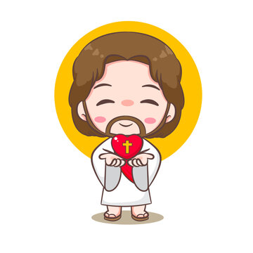 recommend clip art: Cute Jesus Christ cartoon character with love heart. Hand drawn Chibi character, clip art, sticker, isolated white background. Christian Bible for kids. Mascot logo icon vector art illustration
