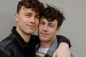 Obraz premium An affectionate portrait of a couple in denim jackets, radiating comfort and closeness, with a touch of pride symbolized by a rainbow on a t-shirt