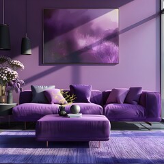 an image of a modern design purple villa living room with minimalism, subtle tones, and round shapes
