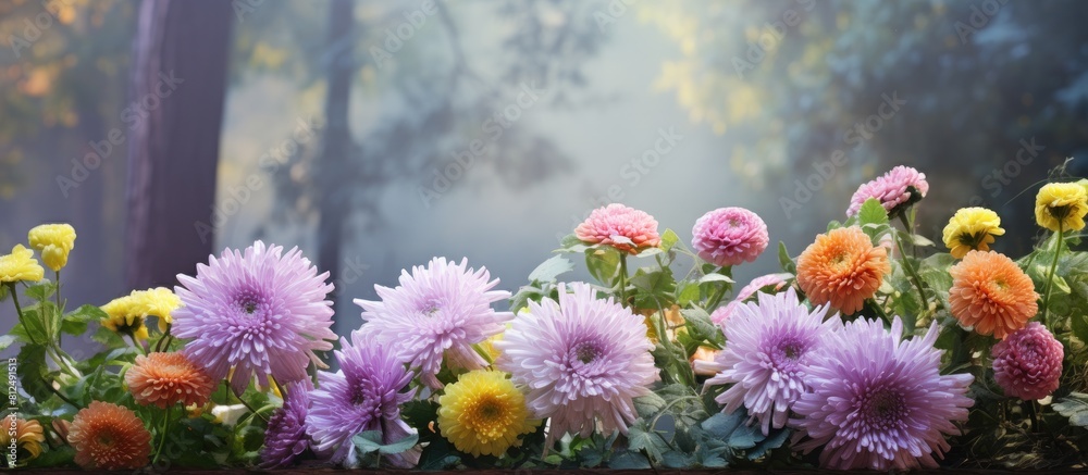 Poster a composition featuring chrysanthemum flowers and forest decor against a colorful background with co