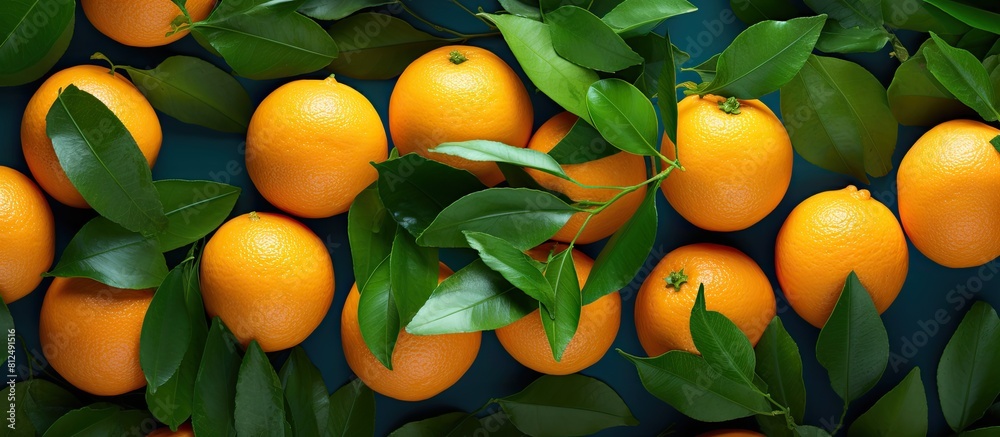 Poster Top view of a composition featuring ripe oranges and leaves arranged on a colorful background leaving room for text in the copy space image