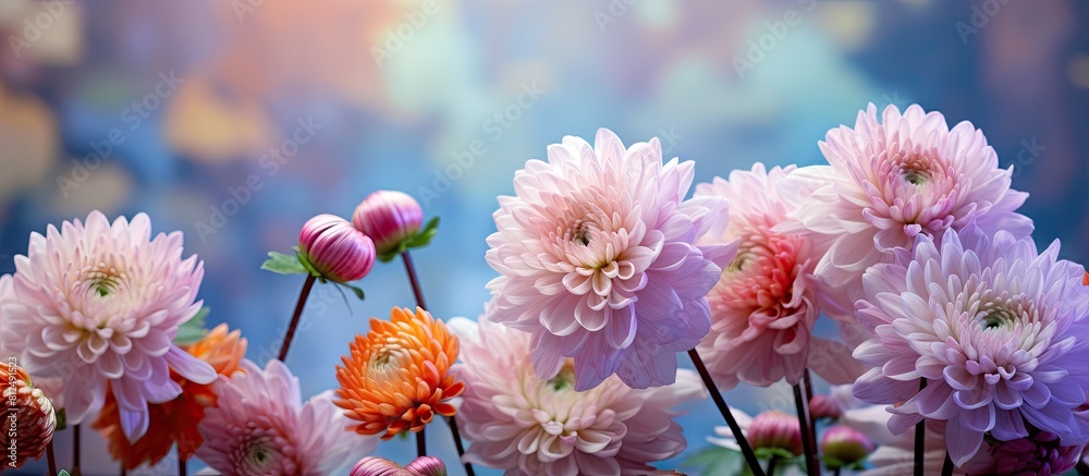 Poster a composition featuring chrysanthemum flowers and forest decor against a colorful background with co