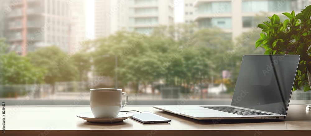 Aufkleber a workplace featuring a desk with a digital tablet and a coffee cup providing a copy space image