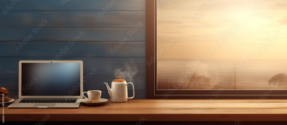 Poster a workplace featuring a desk with a digital tablet and a coffee cup providing a copy space image