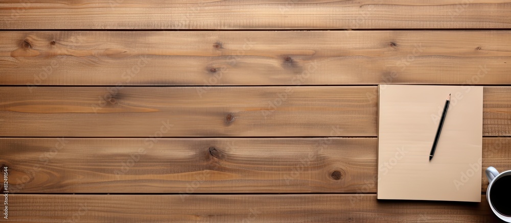 Poster Top view background featuring a vintage wooden table with a notebook pencil and copy space image for starting work in an educational setting
