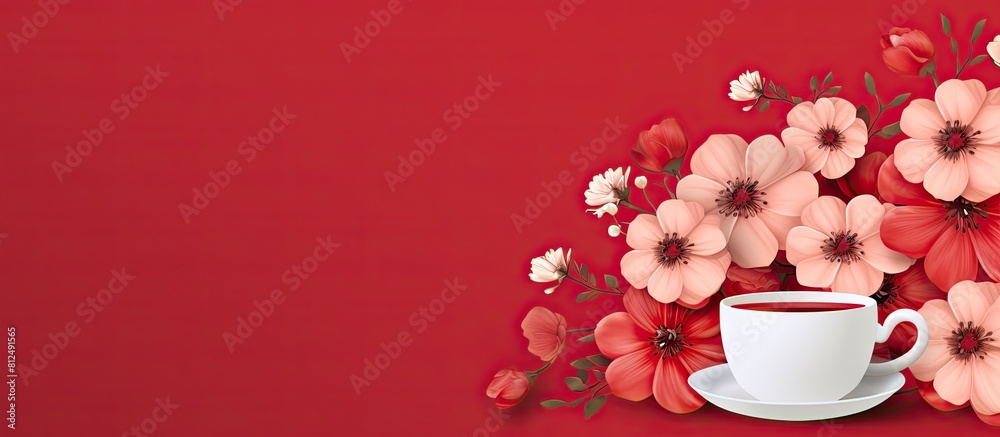 Poster a flat design featuring a composition of flowers set on a red background with decorative flowers ide