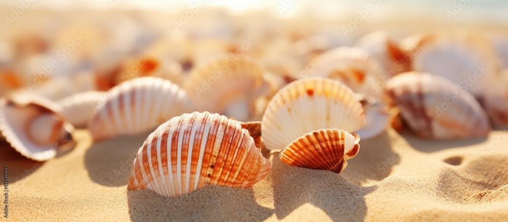 Poster A beautiful card featuring a close up view from above of seashells on the sand creating a visually captivating image with copy space