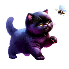 Obraz premium A cute black kitten is playing with a bee