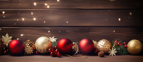 A festive Christmas background featuring assorted decorations gift boxes and colorful ornaments arranged on a rustic wooden board creating a visually appealing copy space image
