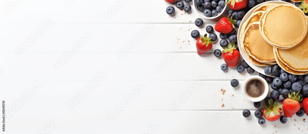 Poster a trendy breakfast featuring tiny homemade pancakes topped with blueberries and strawberries on a wh