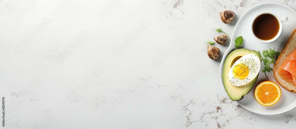 Poster a top view of a healthy breakfast featuring two avocado sandwiches a boiled egg and salmon the meal 