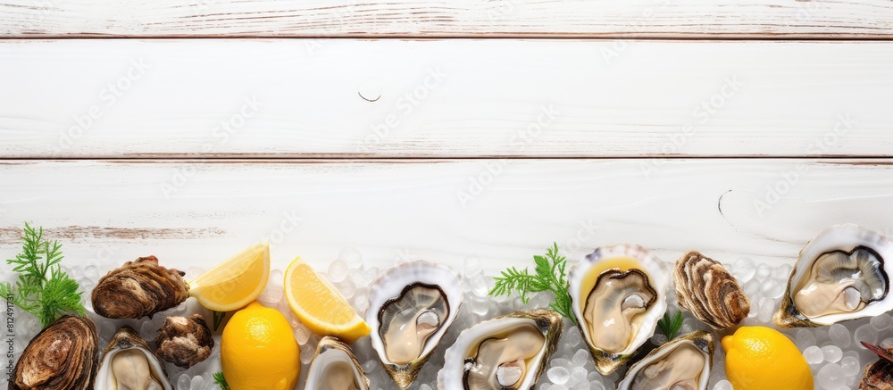Poster a seafood dish featuring fresh oysters accompanied by lemon beautifully presented in a top view comp