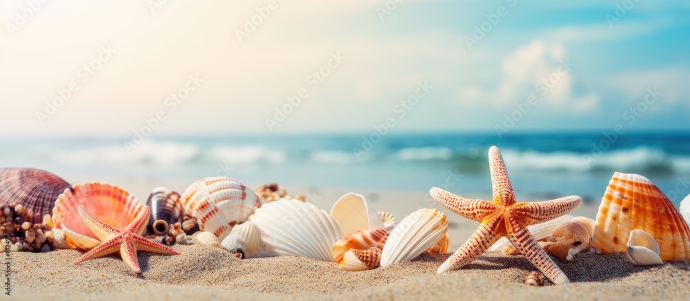Poster a beach summer background featuring seashells sea stars and coral with plenty of copy space for an i