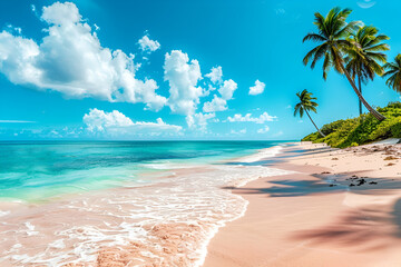 Sunny tropical Caribbean beach with palm trees and turquoise water, Caribbean island vacation, hot summer day