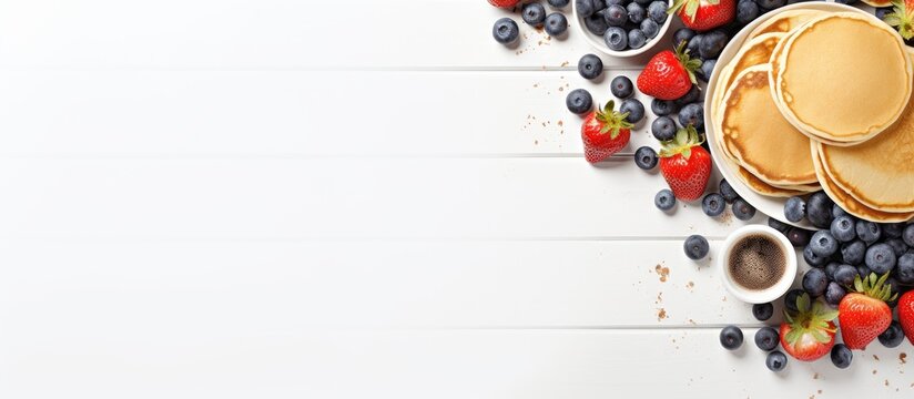 A trendy breakfast featuring tiny homemade pancakes topped with blueberries and strawberries on a white table The view is from above providing plenty of copy space