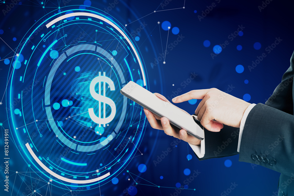 Aufkleber close up of male hand pointing at mobile phone with glowing round dollar hologram with polygonal mes