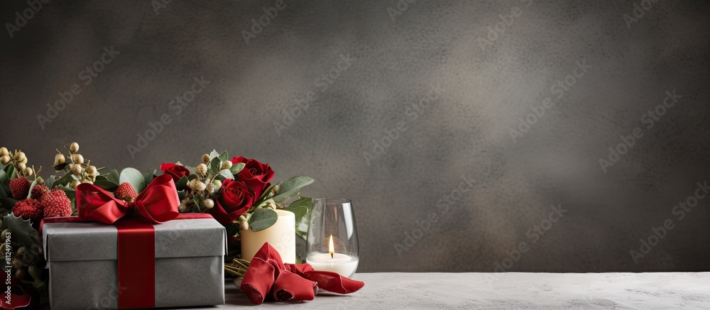 Poster A festive and stylish Christmas table arrangement featuring a gift box placed on a textured concrete background creating a visually appealing copy space image