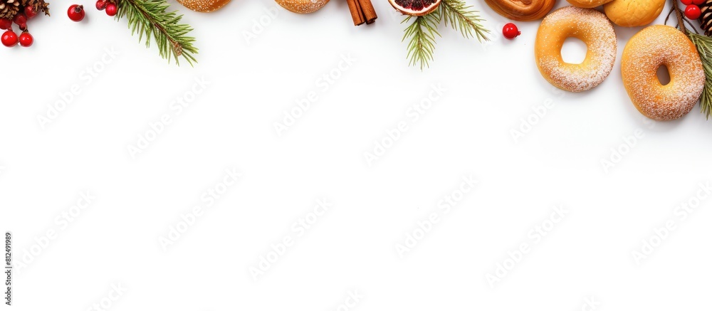 Poster a festive arrangement for christmas and new year featuring a gift a red cap fir branches bagels and 