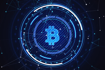 Glowing round bitcoin hologram with polygonal mesh and bokeh circles on blurry blue background. Digital banking, money and finance concept. 3D Rendering.