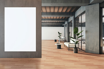 Modern office corridor interior with empty white mock up banner on wall, wooden flooring, glass...