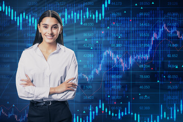 Attractive happy young european businesswoman with folded arms and creative candlestick forex chart...