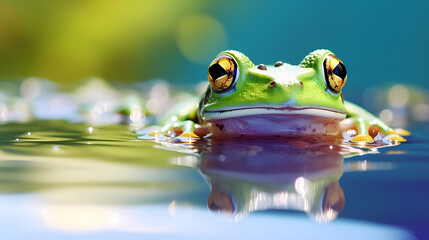 A frog with big eyes on the water