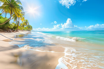 Sunny tropical Caribbean beach with palm trees and turquoise water, Caribbean island vacation, hot summer day