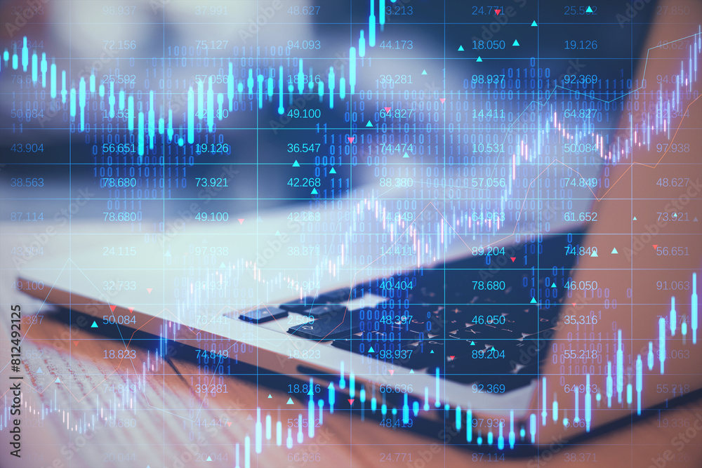 Poster close up of laptop computer with creative candlestick forex chart with index on blurry background. t