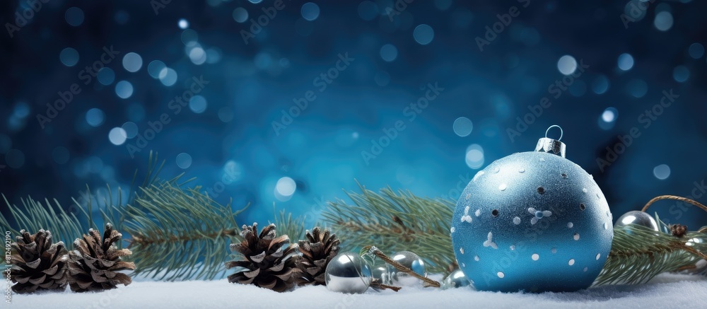 Poster A festive Christmas greeting card featuring a vibrant blue background adorned with a bauble pine cones and twinkling fairy lights allowing for ample space for text or other images