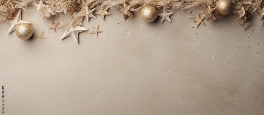 Poster A festive New Year s background with Christmas decorations arranged on a linen texture The design is a celebration of Xmas featuring a flat lay pattern with ample copy space for added creativity