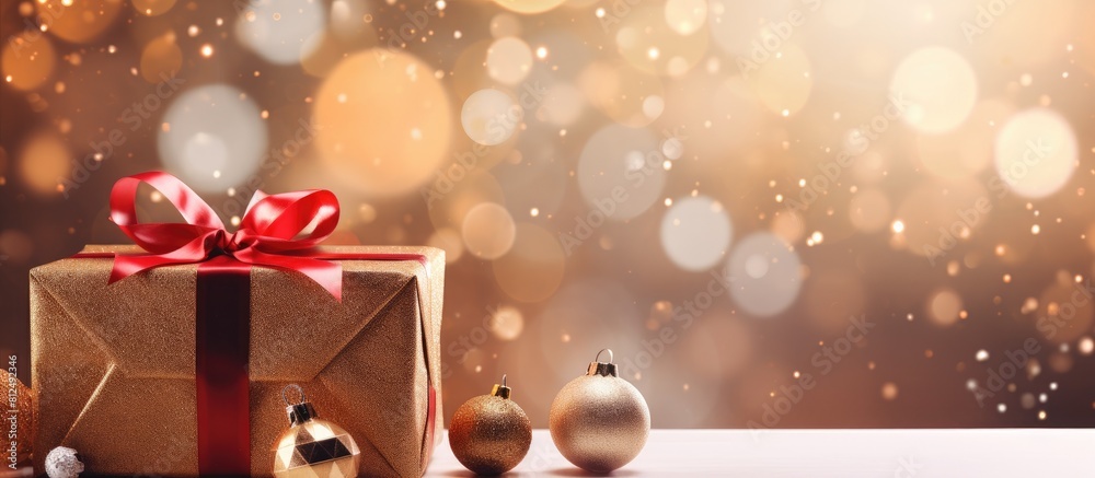 Poster A festive scene of Christmas decorations including gift boxes a New Year tree and confetti on a blurred background with copy space image