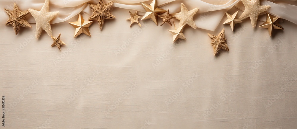 Poster A festive New Year s background with Christmas decorations arranged on a linen texture The design is a celebration of Xmas featuring a flat lay pattern with ample copy space for added creativity