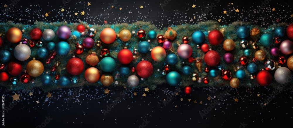 Poster a festive christmas scene featuring a vibrant christmas tree adorned with colorful toys and sequined