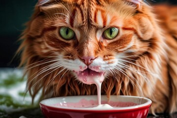Red cat drinks milk